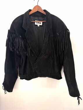 Chia Suede Leather Fringe Jacket 80's Black Cropped w/ Silver Concho XL